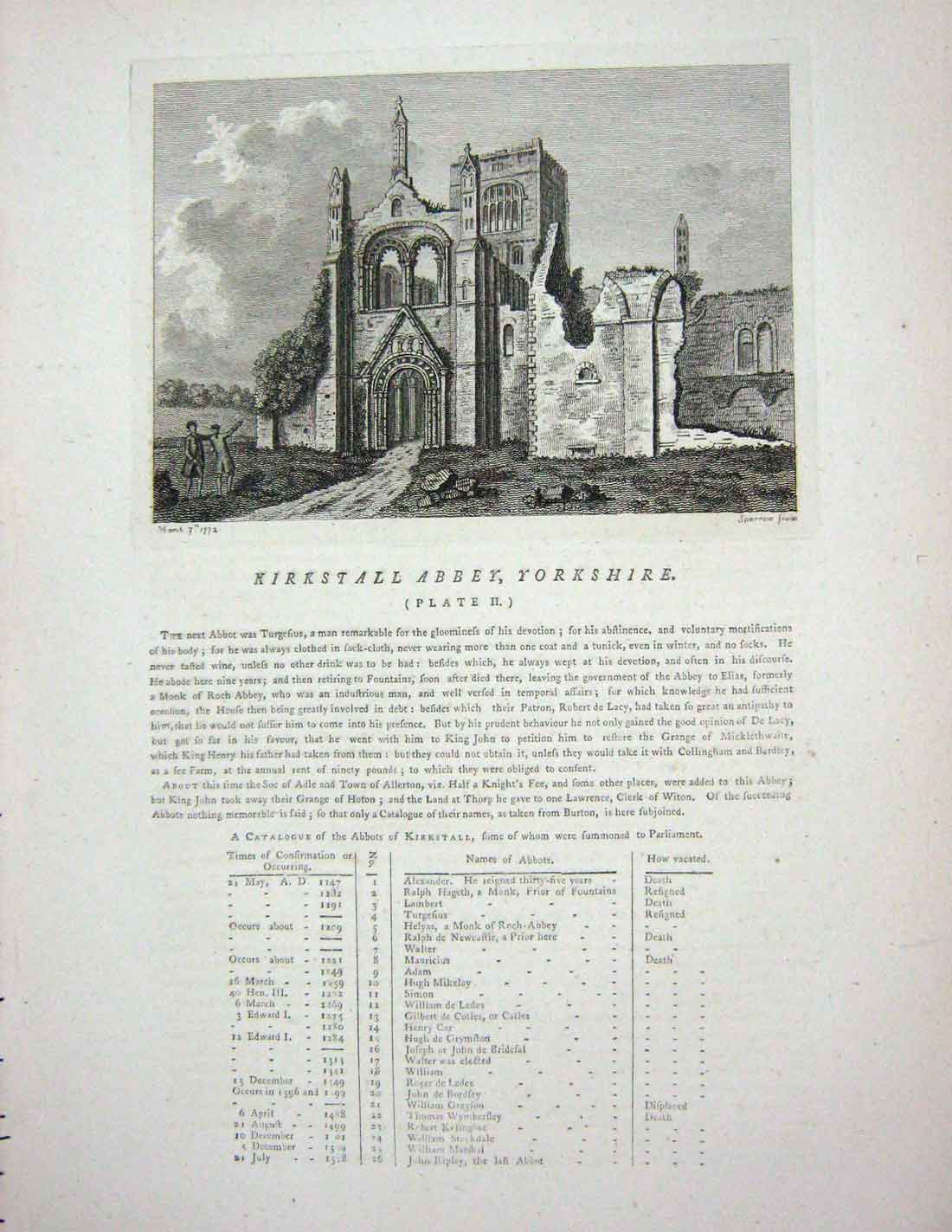 Original Old Antique Print 1774 Kirkstall Abbey Yorkshire England Sparrow 18th