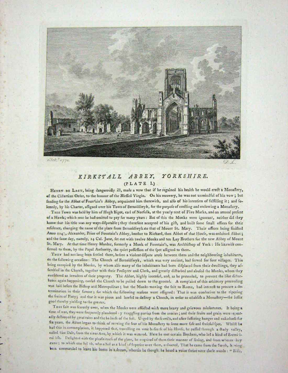 Original Old Antique Print 1774 Kirkstall Abbey Yorkshire England Architecture