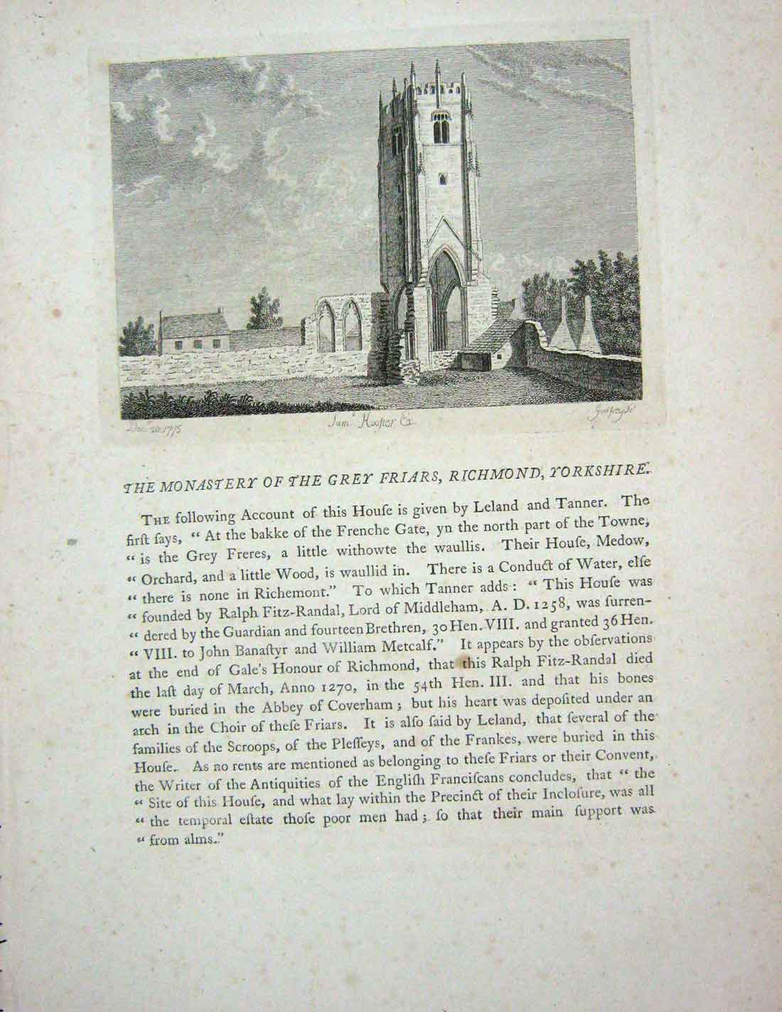 Original Old Antique Print 1775 Monastery Grey Friars Richmond Surrey Hooper