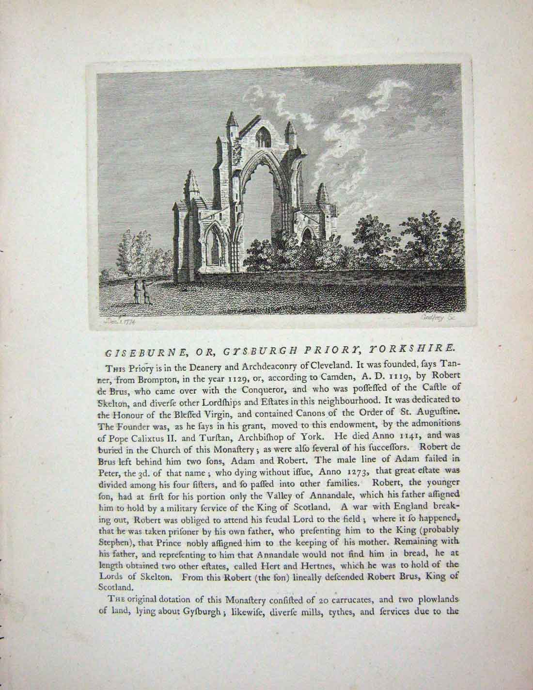 Original Old Antique Print 1774 Giseburne Gysburgh Priory Yorkshire England