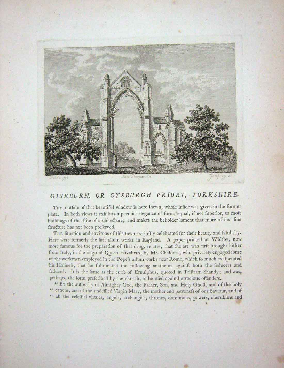 Original Old Antique Print 1776 Giseburn Gysburgh Priory Yorkshire Hooper 18th