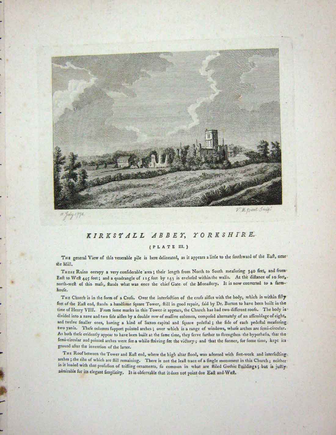 Original Old Antique Print 1774 Kirkstall Abbey Yorkshire England 18th Century