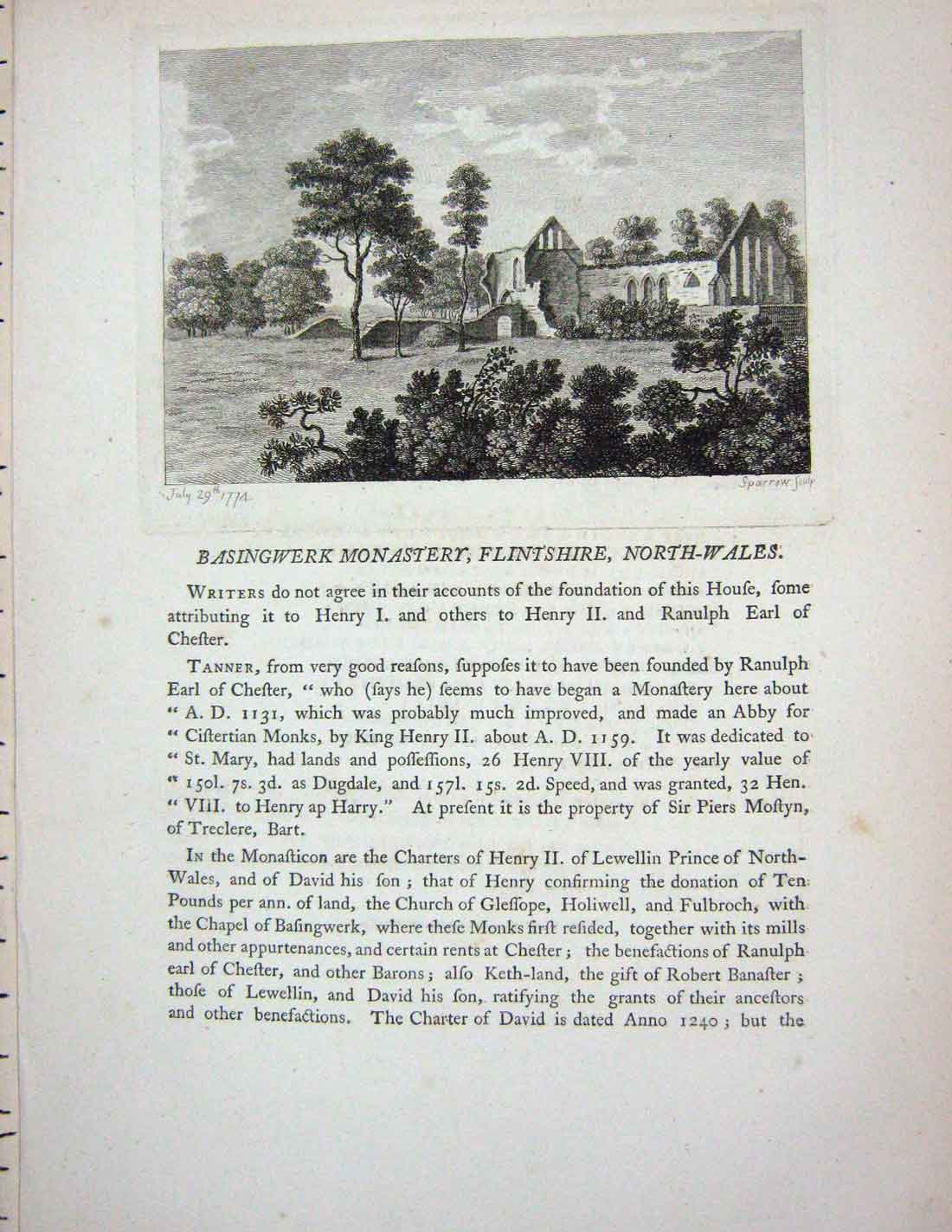 Original Old Antique Print 1774 Basingwerk Monastery Flintshire North Wales