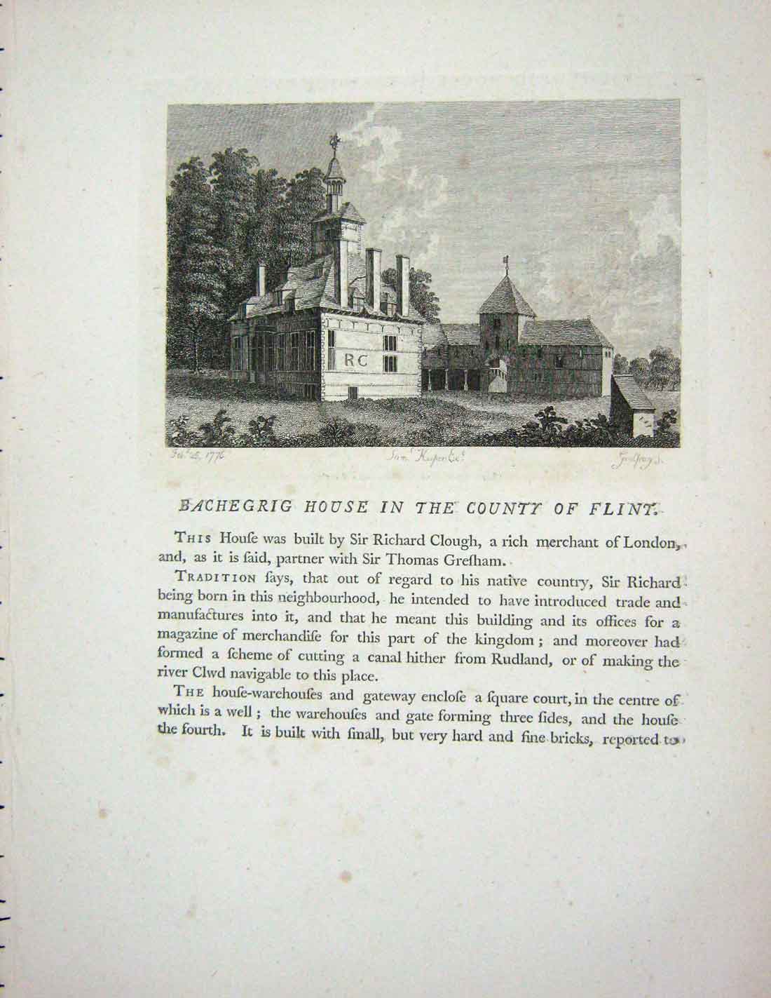 Original Old Antique Print 1776 Bachegrig House Flint Hooper Godfrey 18th
