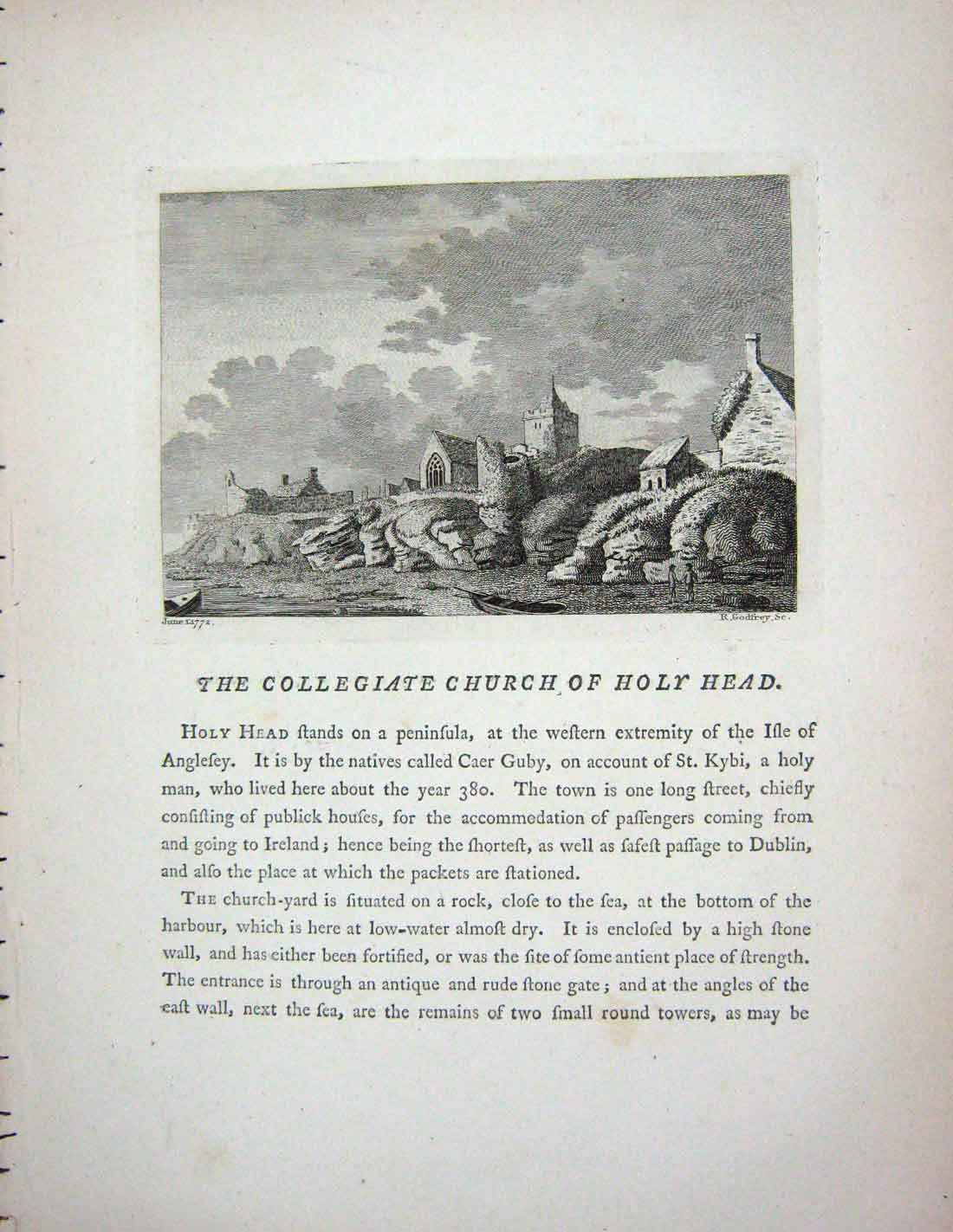 Original Old Antique Print 1772 Collegiate Church Holy Head Godfrey 18th