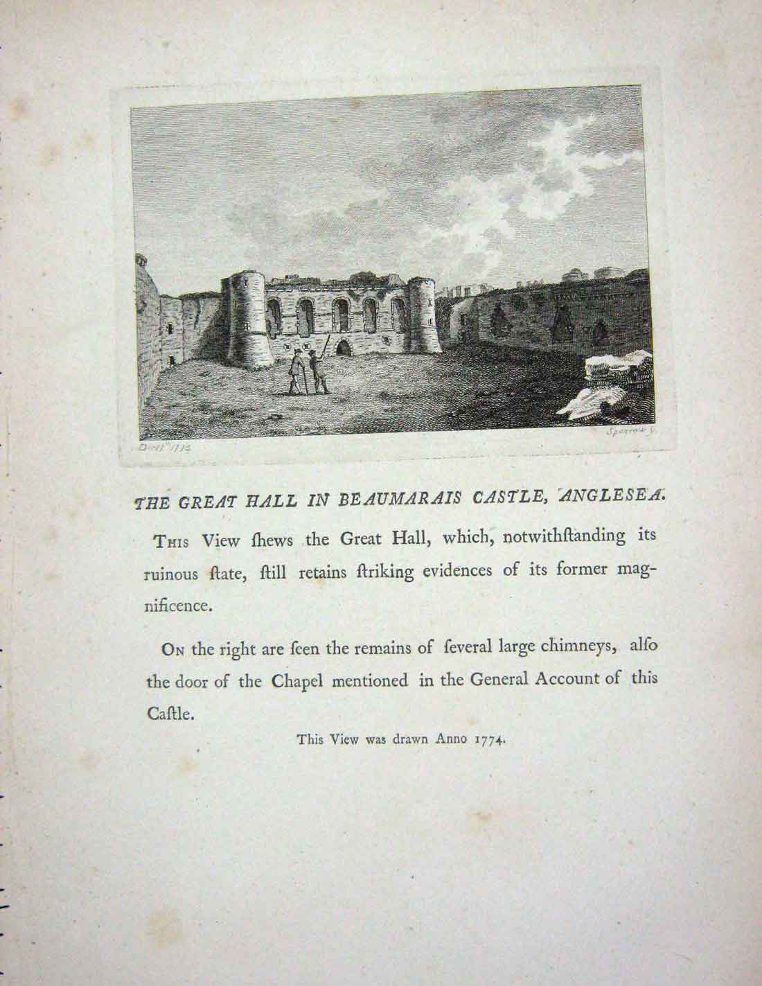 Original Old Antique Print 1774 Great Hall Beaumarais Castle Anglesea Sparrow