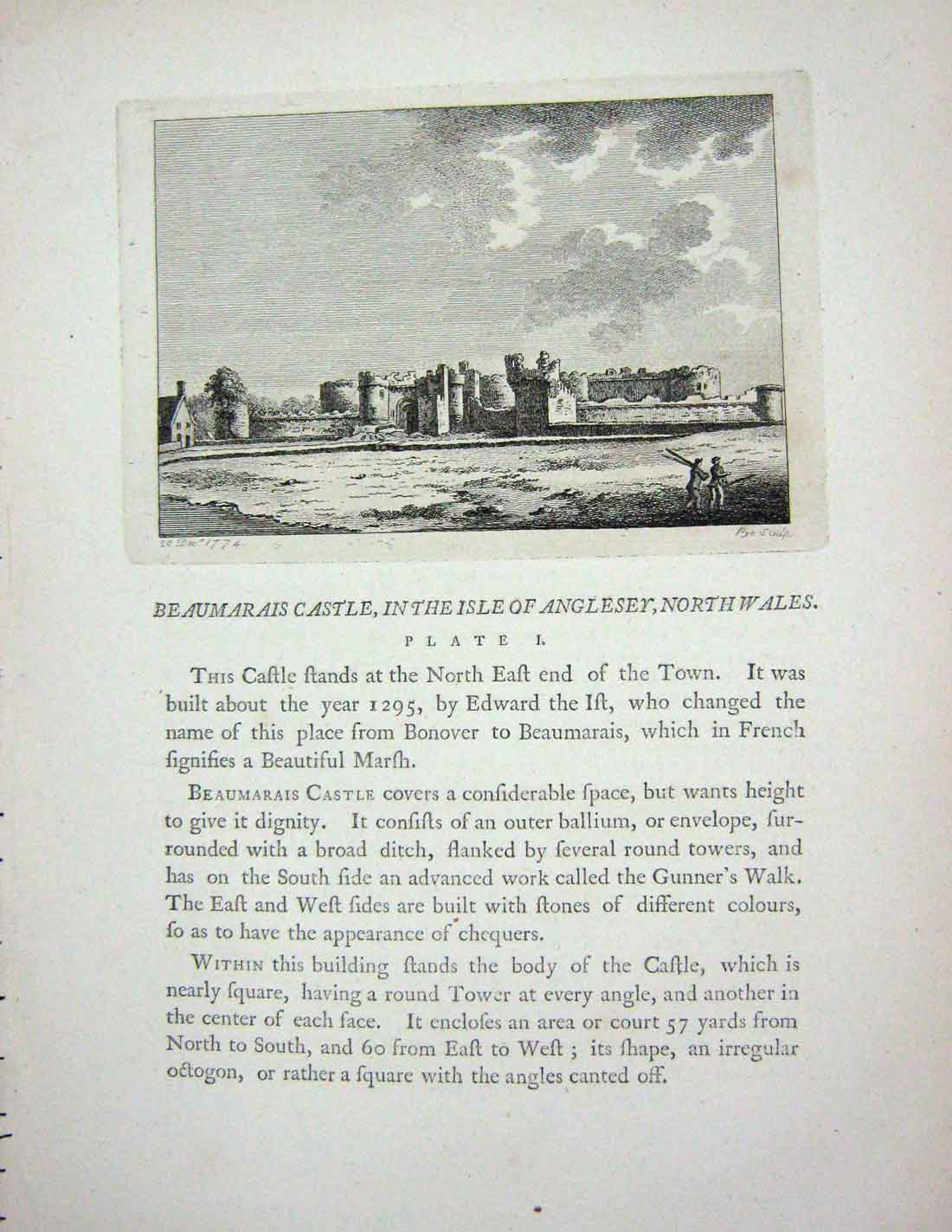 Original Old Antique Print 1774 Beaumarais Castle Isle Anglesey North Wales Pye
