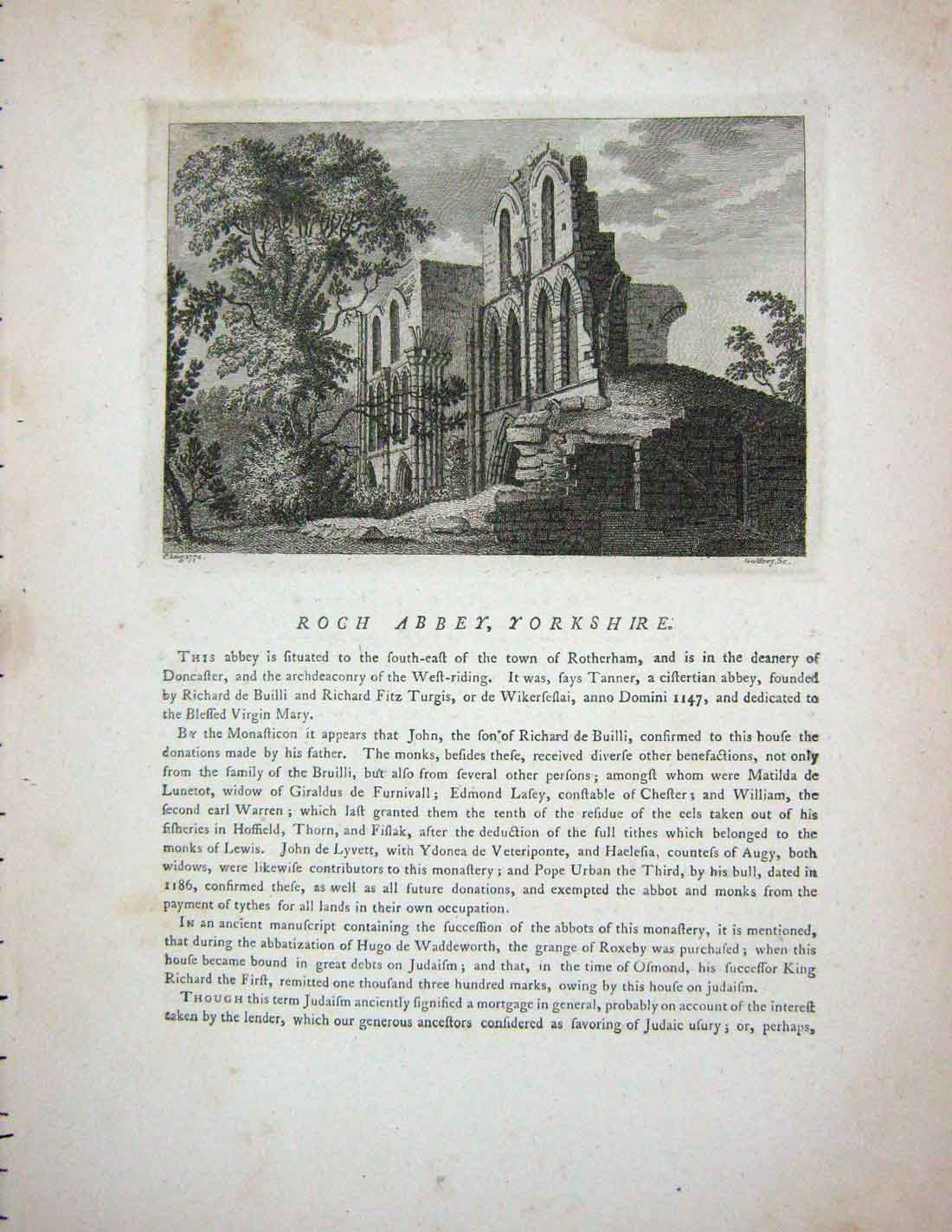 Original Old Antique Print 1772 Roch Abbey Yorkshire England Godfrey Engraving
