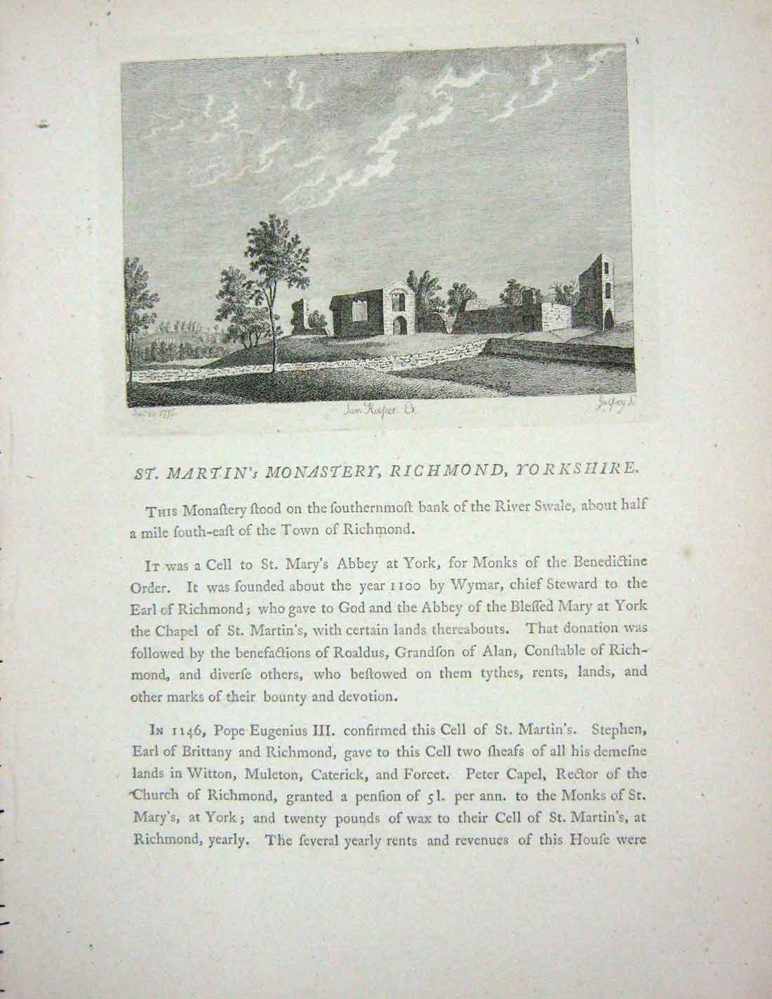 Old Antique Print 1775 St. Martin'S Monastery Richmond Yorkshire Hooper 18th