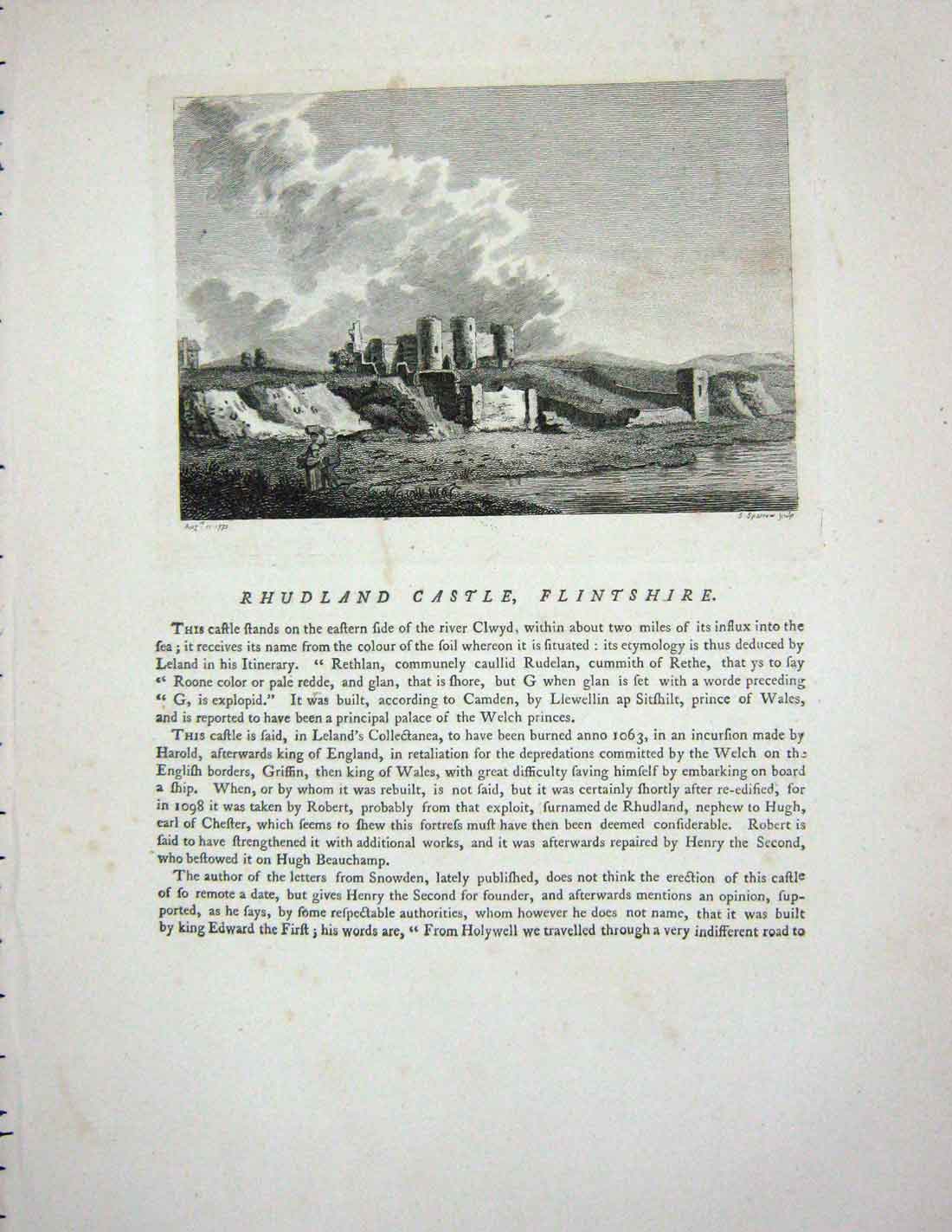 Original Old Antique Print 1772 Rhudland Castle Flintshire Sparrow Engraving