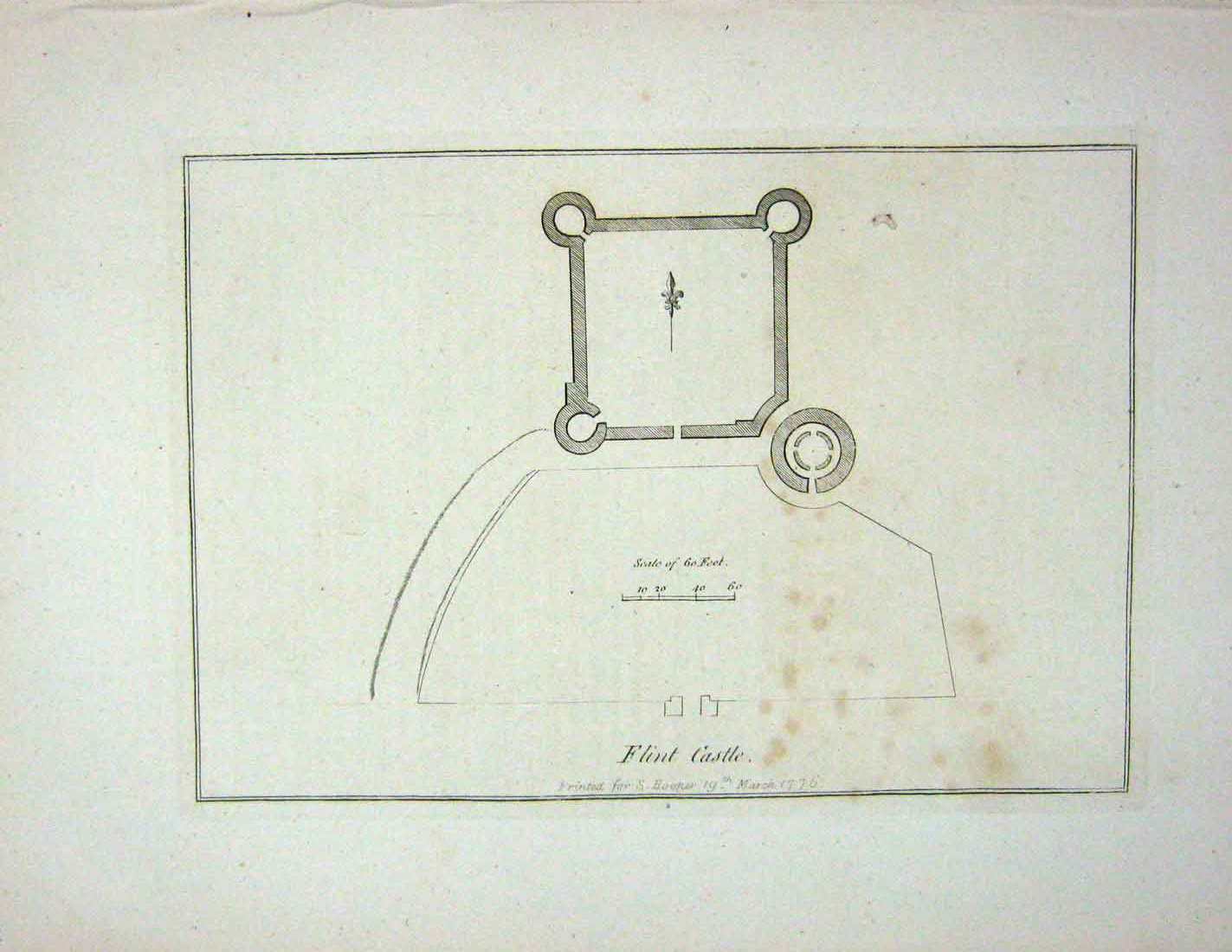 Original Old Antique Print 1776 Plan Flint Castle Hooper Engraving 18th Century