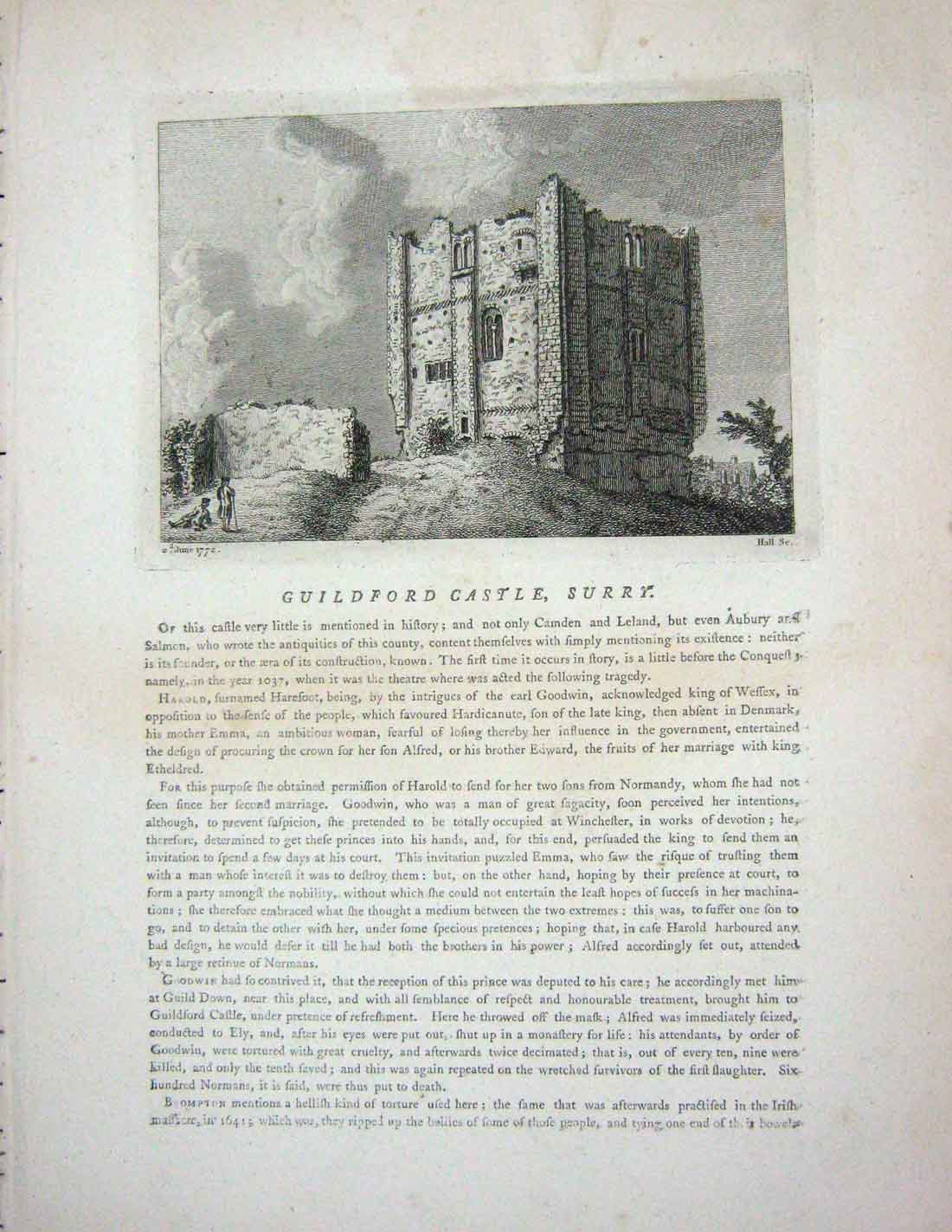 Original Old Antique Print 1772 Guildford Castle Surrey England Hall Engraving