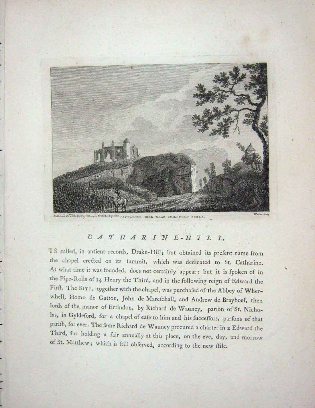 Original Old Antique Print 1772 Catharine-Hill Guildford Surrey Hooper 18th