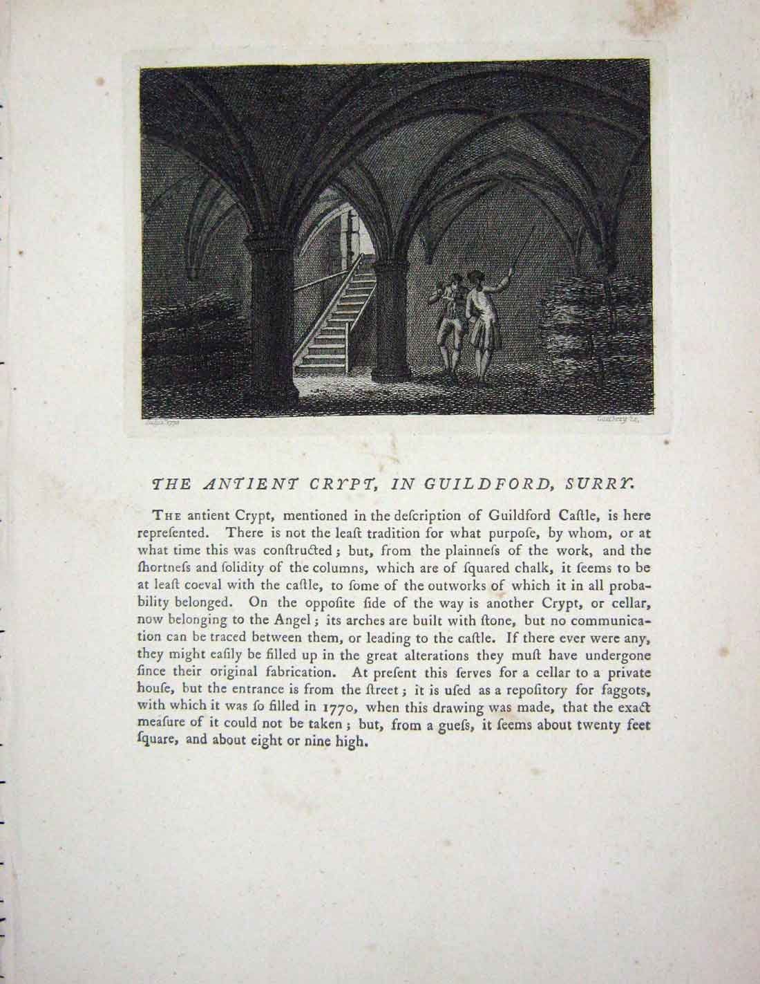 Old Antique Print 1773 Ancient Crypt Guildford Surrey Godfrey Engraving 18th