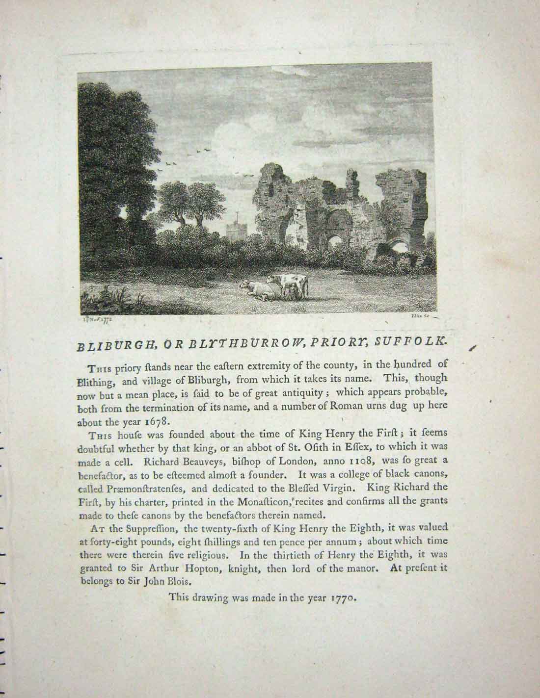 Original Old Antique Print 1772 Bliburgh Blythburrow Priory Suffolk England