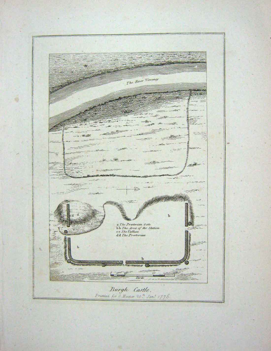 Original Old Antique Print 1776 Plan Burgh Castle Vallum Proetorian Gate Hooper