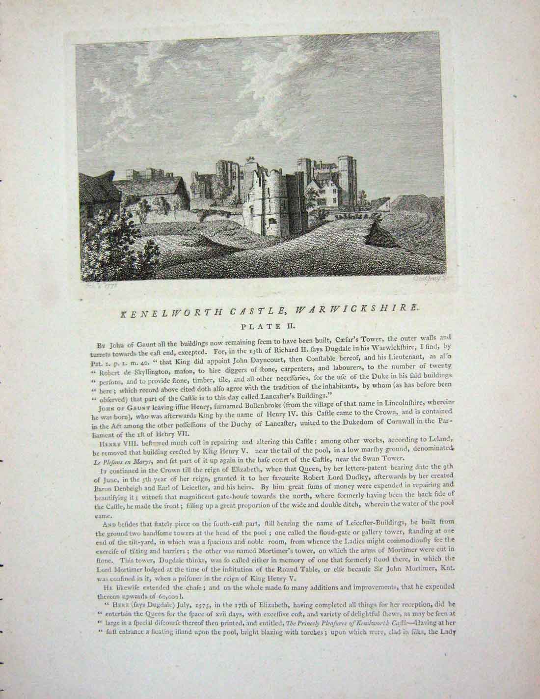 Original Old Antique Print 1775 Kenelworth Castle Warwickshire England Godfrey