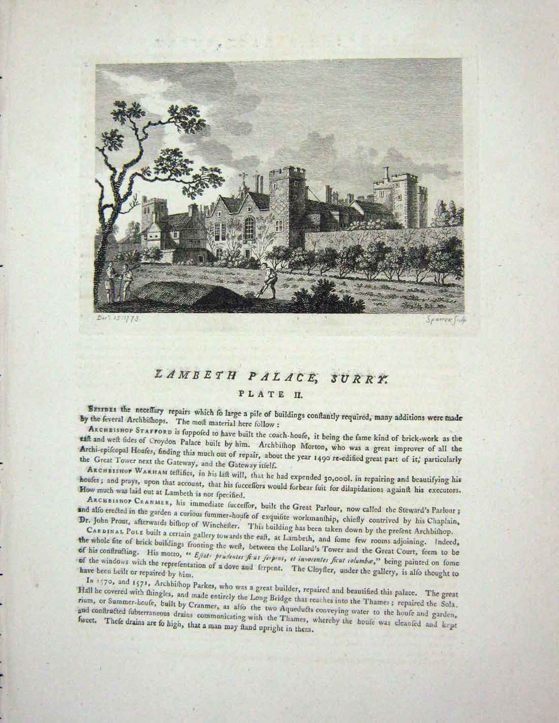 Original Old Antique Print Ref.869 1773 Lambeth Palace Surrey England Sparrow