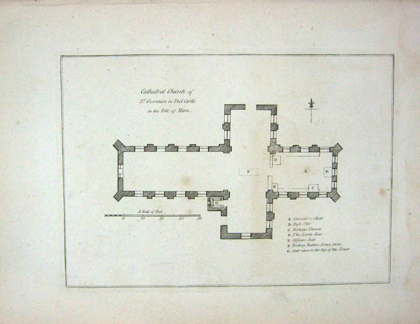 Original Old Antique Print Cathedral Church Germain Peel Castle Isle Man