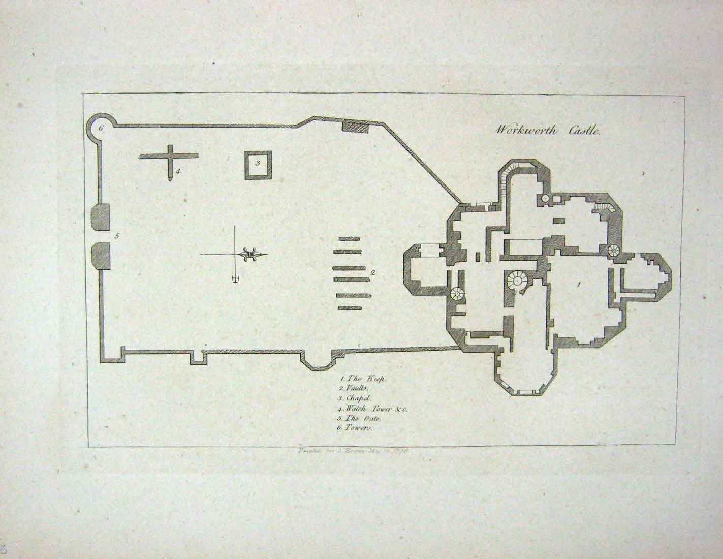 Original Old Antique Print 1770 Plan Workworth Castle Vaults Keep Watch Tower