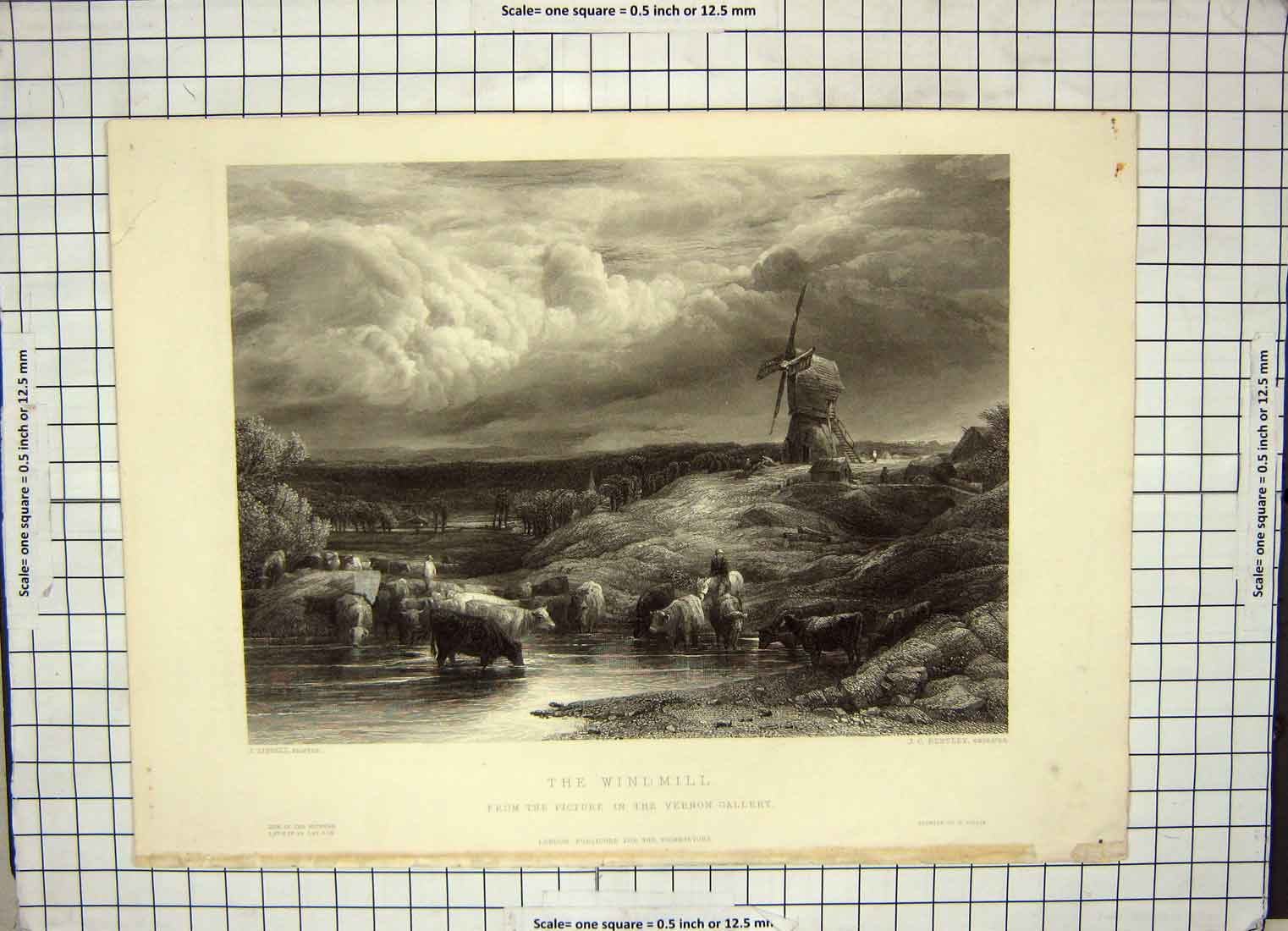 Original Old Antique Print View Windmill Cattle Mountains Trees Bentley Linnell