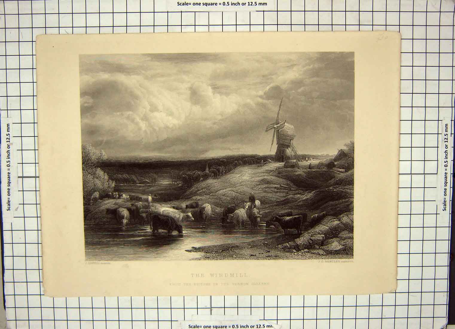 Antique Print Ref.936 View Windmill Cattle Mountains Trees Bentley Linnell