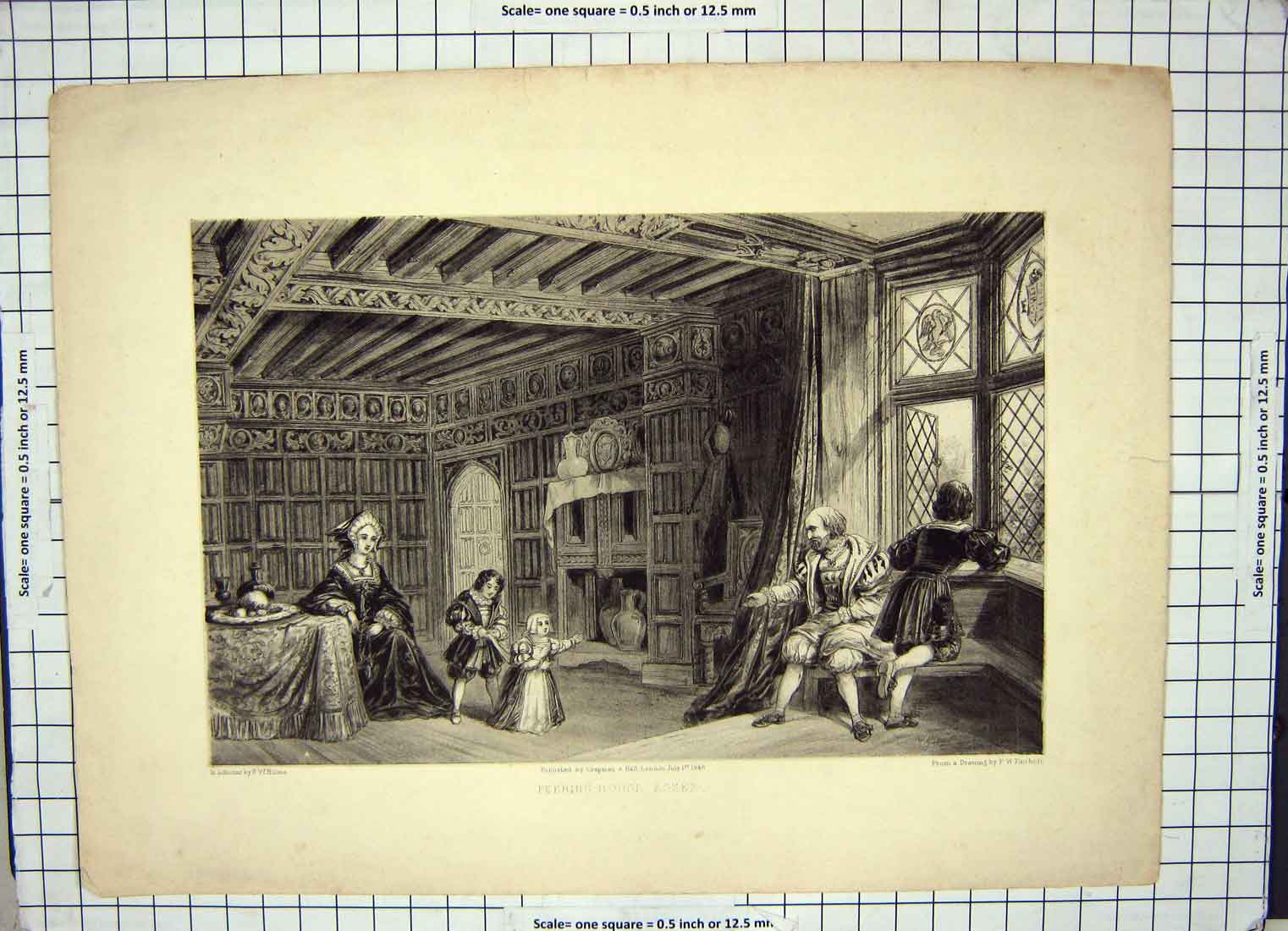 Original Old Antique Print 1846 Interior Peering House Essex Engraving Fairholt