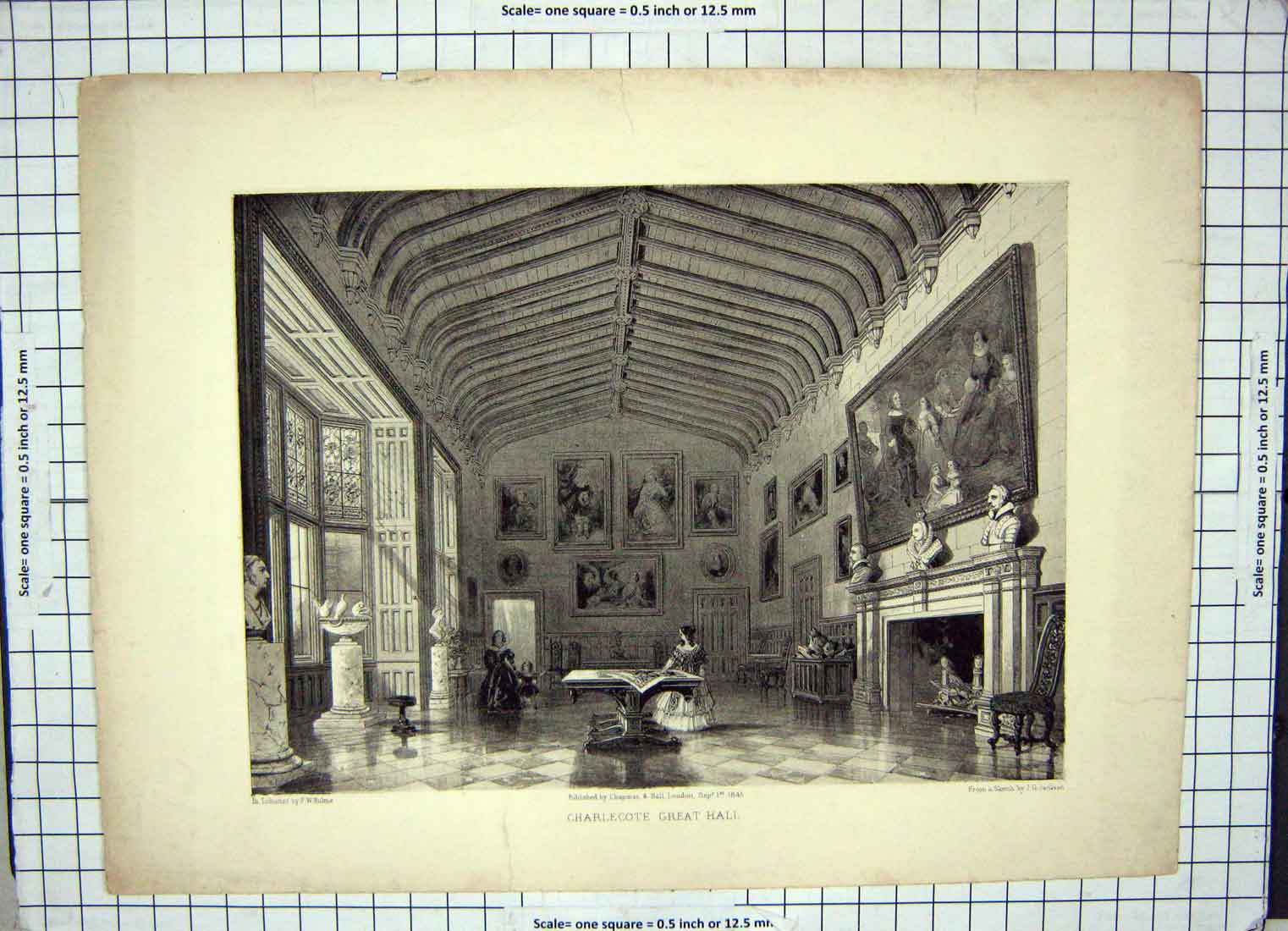 Original Old Antique Print 1845 Charlecote Great Hall Paintings Jackson Hulme
