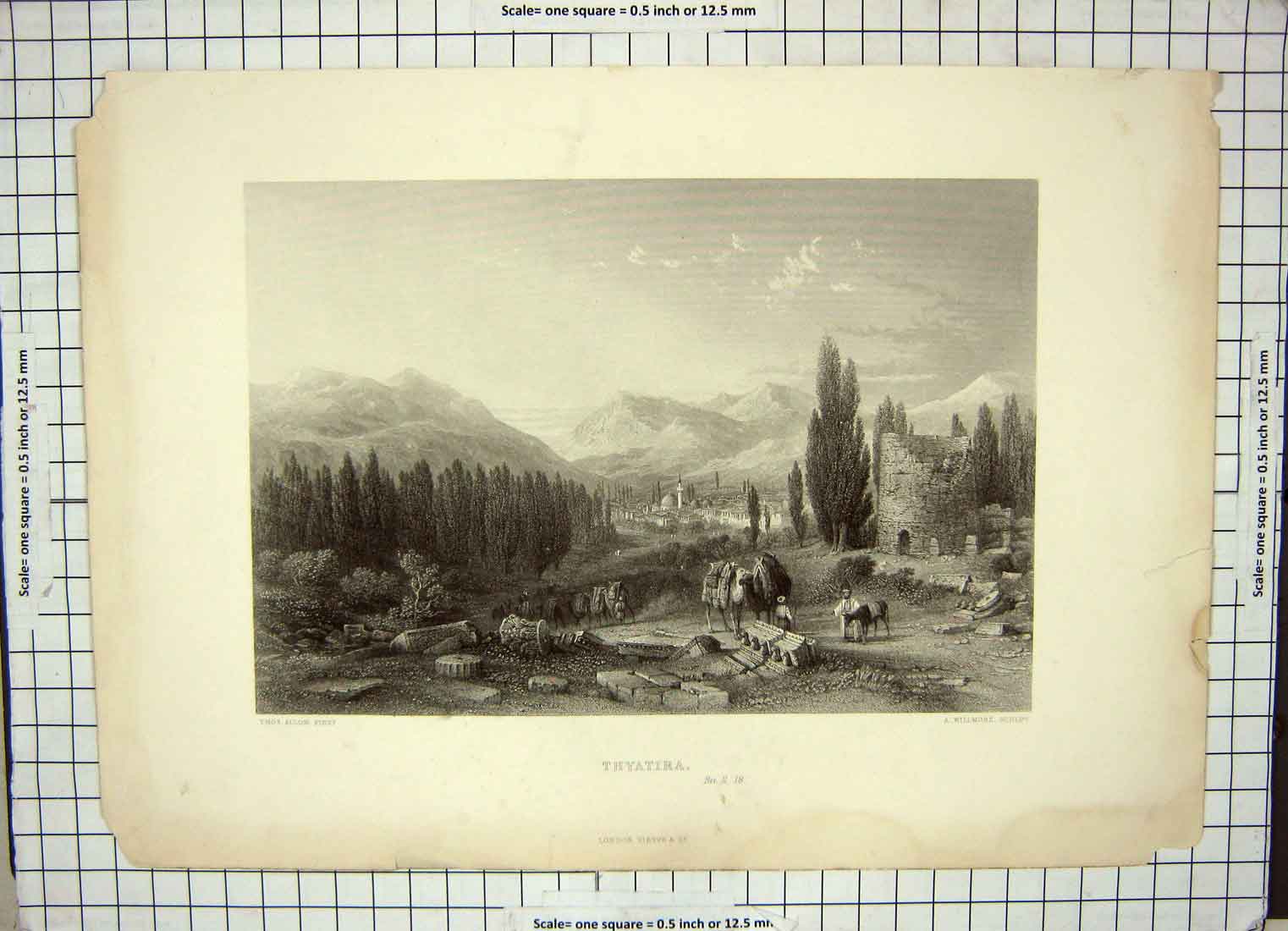 Original Old Antique Print View Thyatira Mountains Trees Camels Willmore Allom