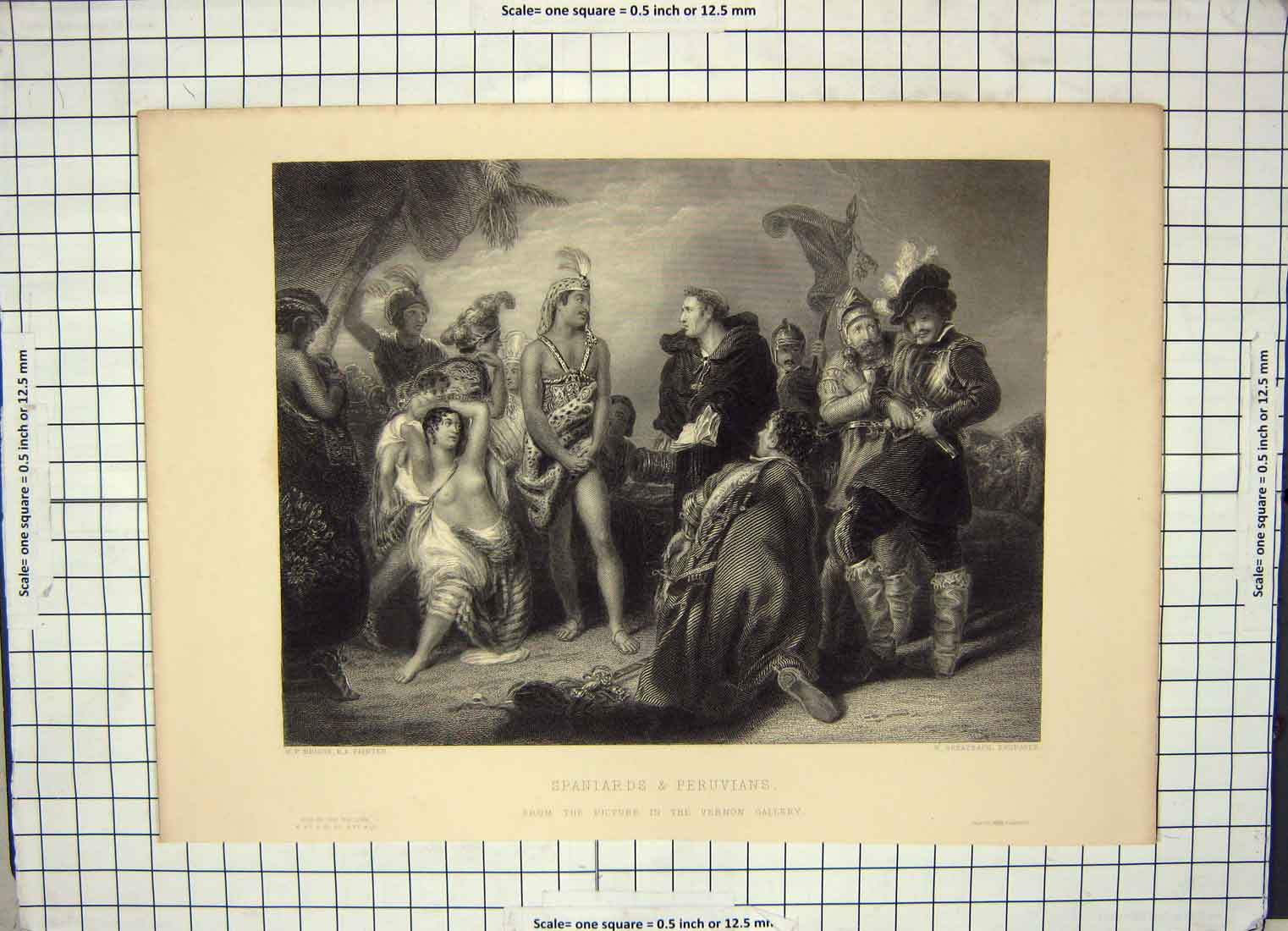 Original Old Antique Print Scene Spaniards Peruvians Briggs Greatbach Engraving