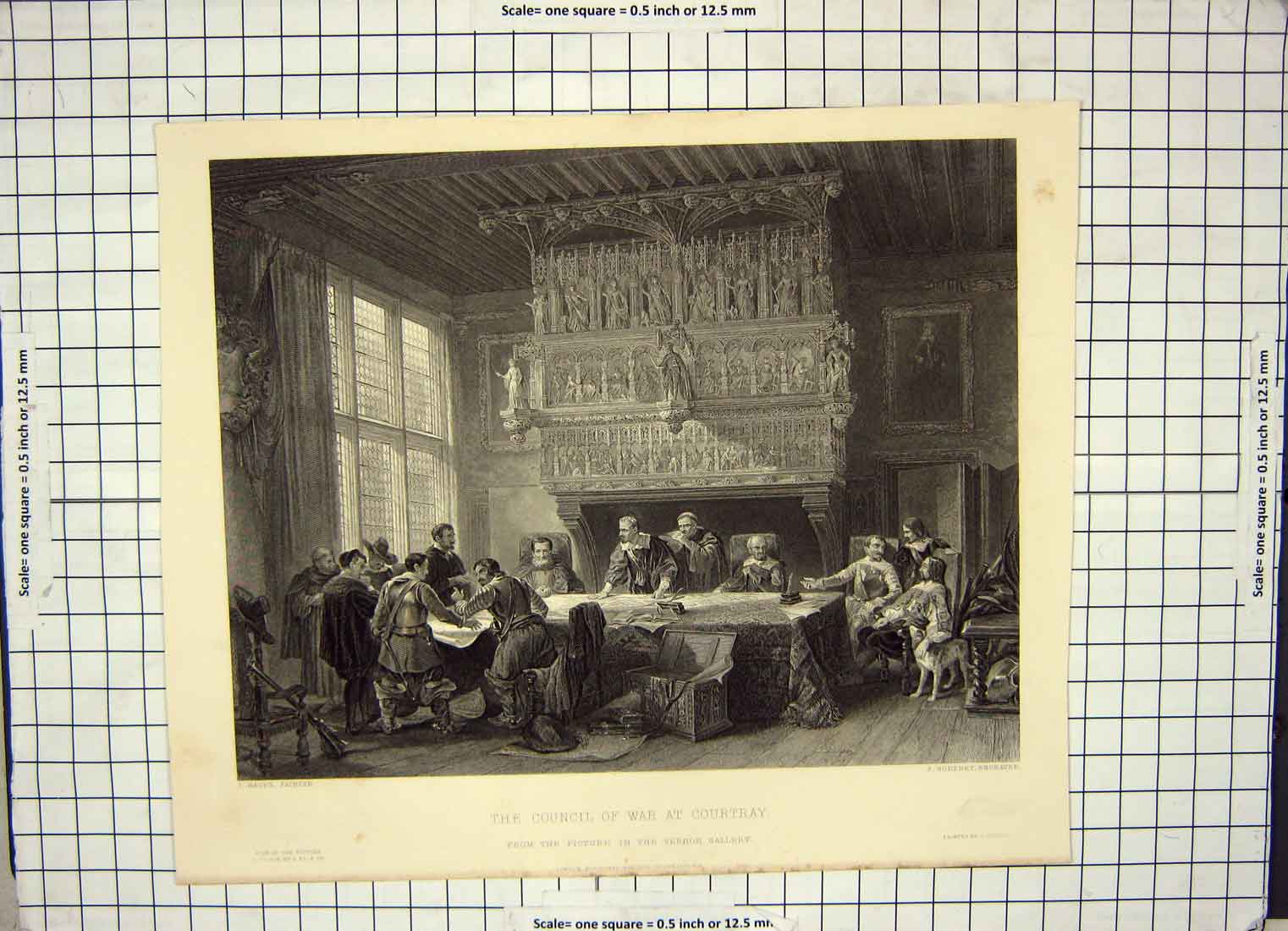 Original Old Antique Print Scene Council War Courtray Haghe Godfrey Engraving