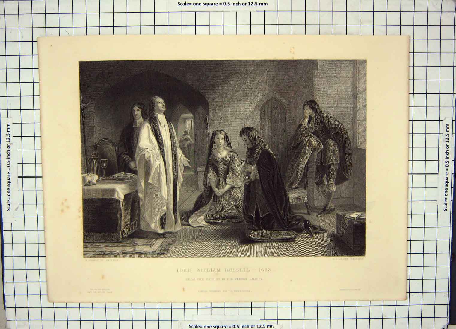 Original Old Antique Print Scene Portrait Lord William Russell Jeens Engraving