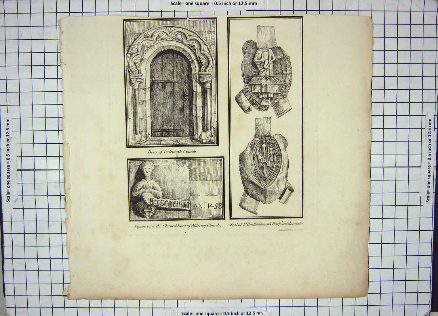 Original Old Antique Print Door Ozelworth Church Alderley Bartholomews Seal