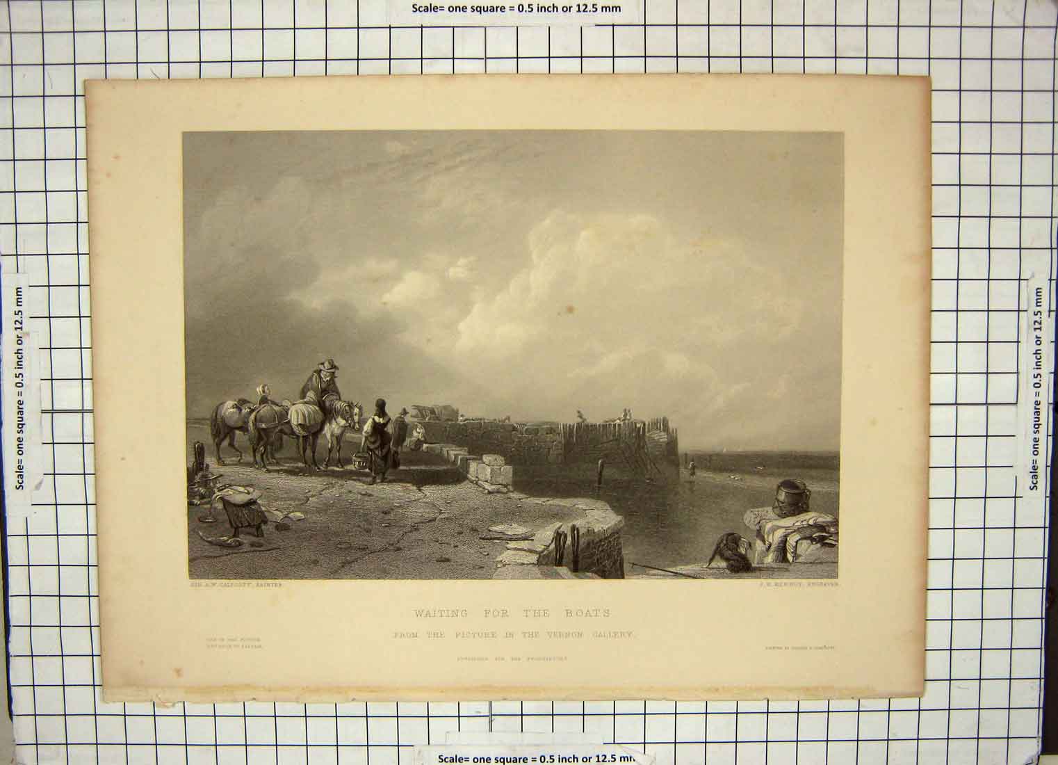 Original Old Antique Print Pier Scene Waiting Boats Callcott Kernot Engraving