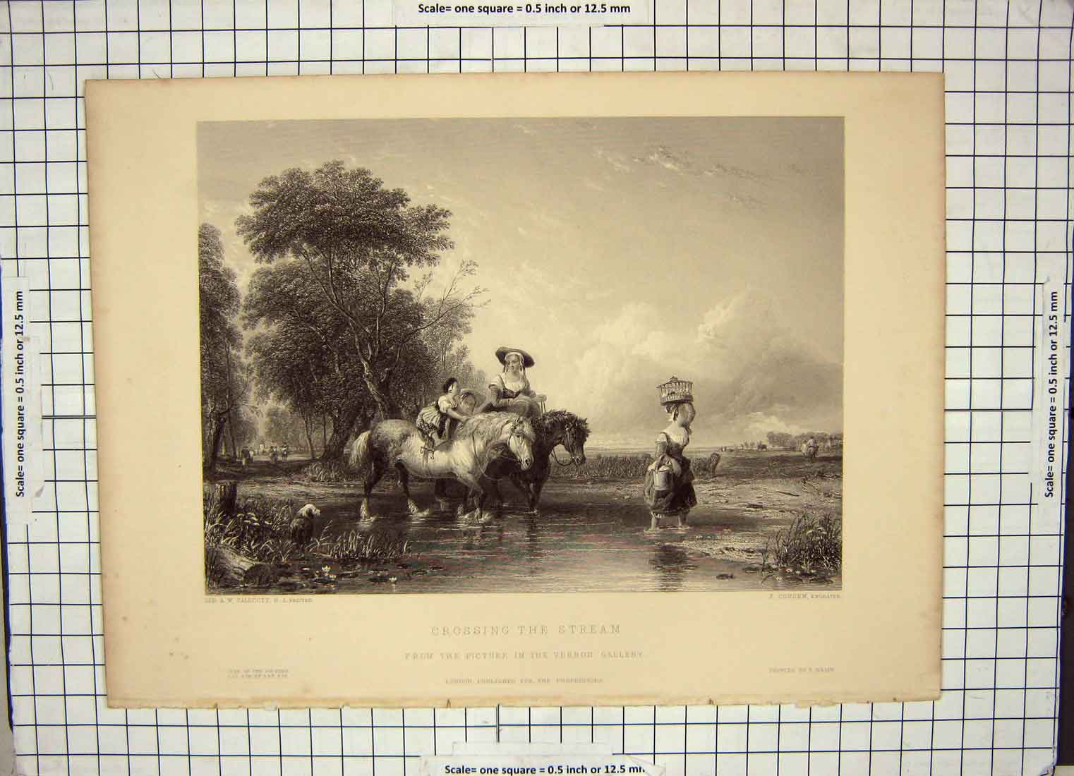 Original Old Antique Print Scene Family Horses Crossing Stream Callcott Cousen