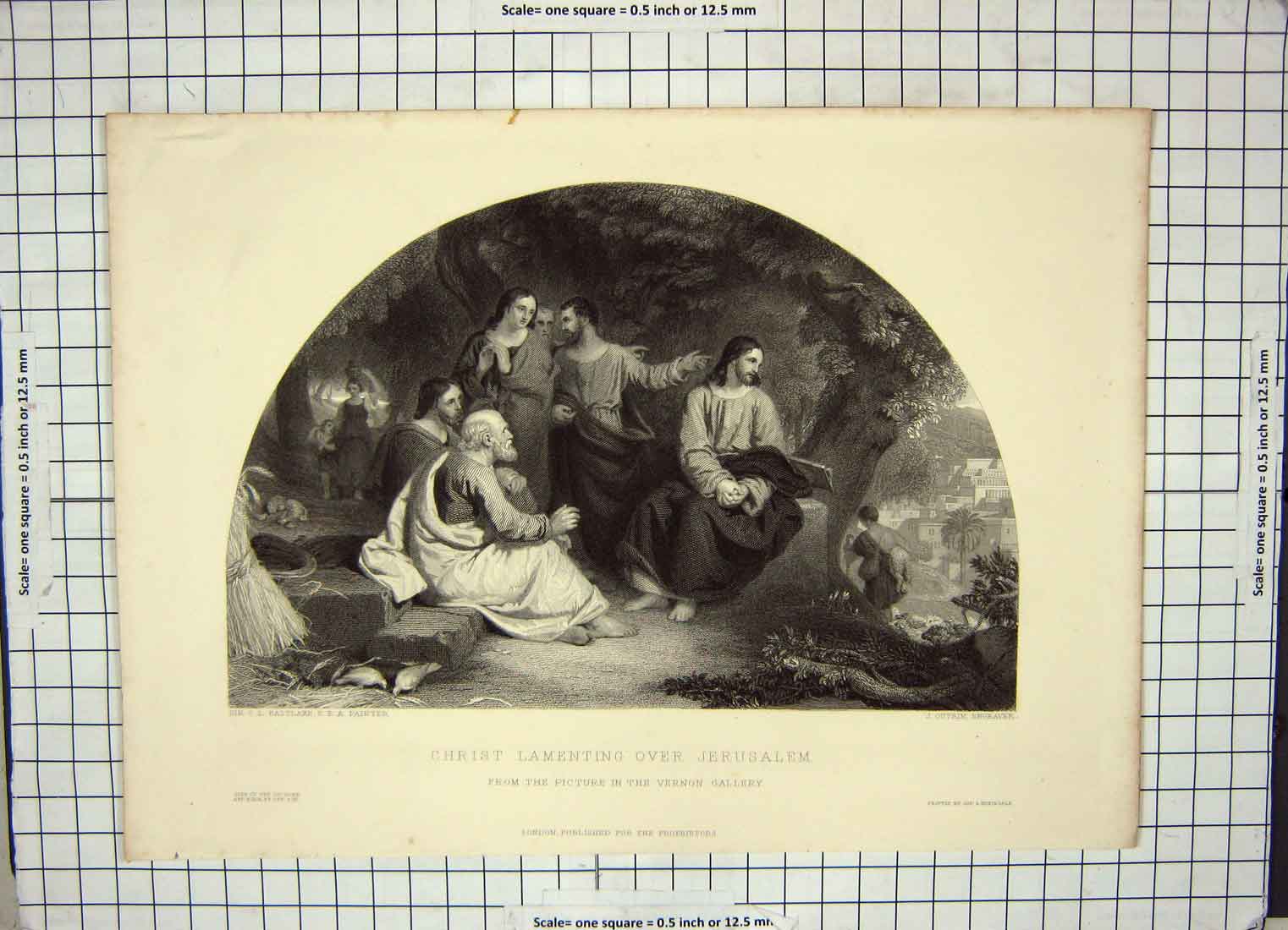 Original Old Antique Print Scene Christ Lamenting Jerusalem Outrim Eastlake