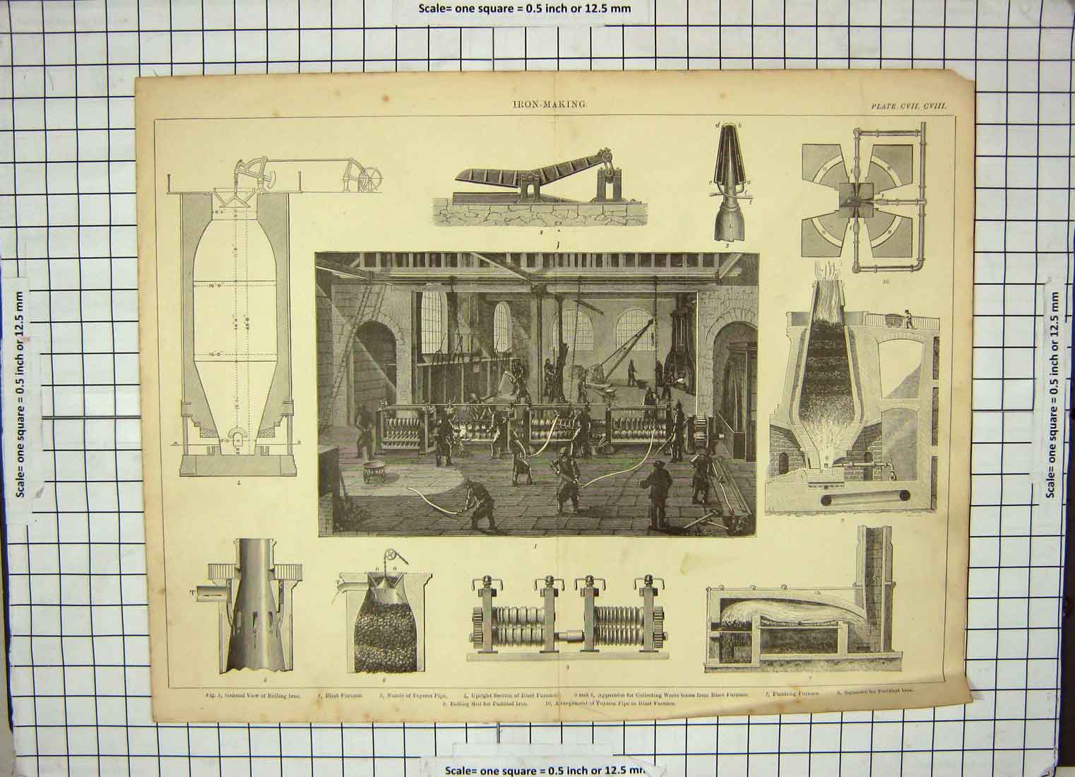 Original Old Antique Print Iron Making Machinery Furnace Apparatus Instruments