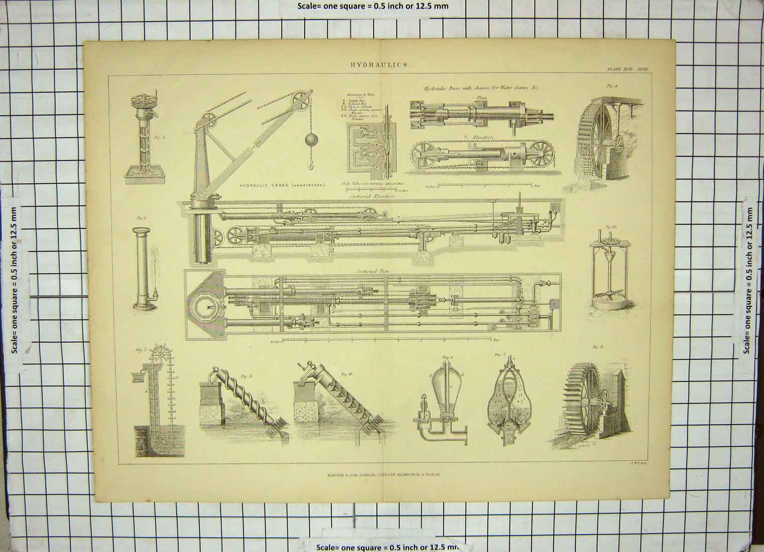 Original Old Antique Print Hydraulics Machinery Armstrong'S Crane Apparatus