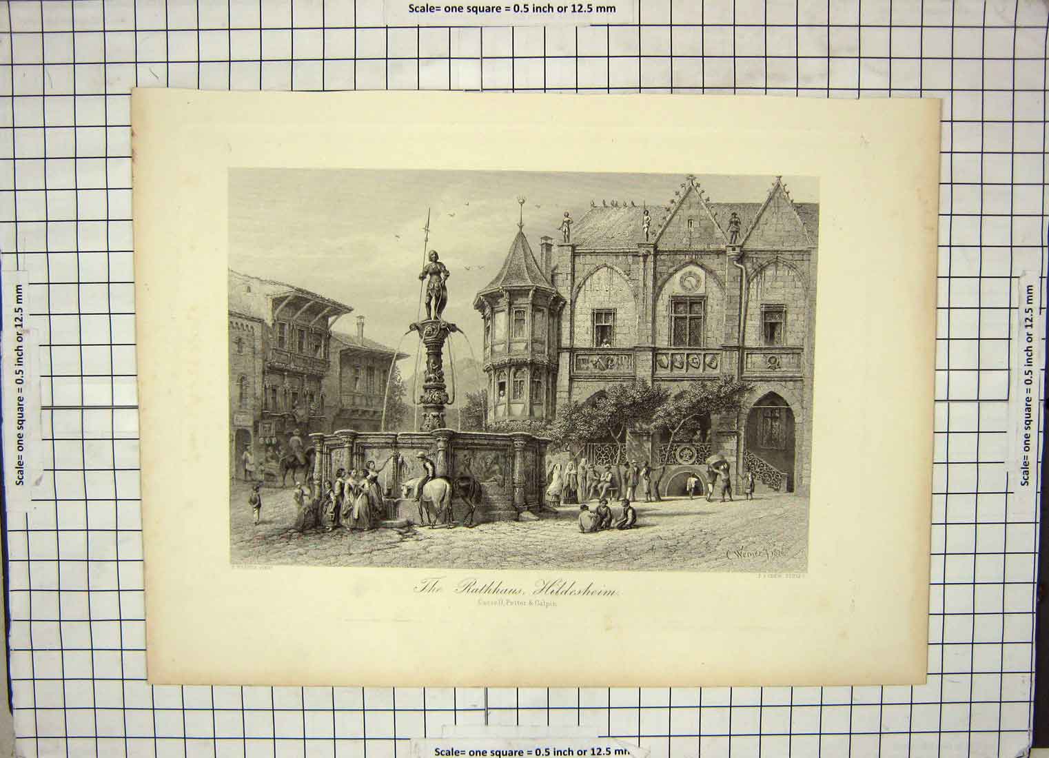 Original Old Antique Print Architecture View Rathaus Hildesheim Crew Werner