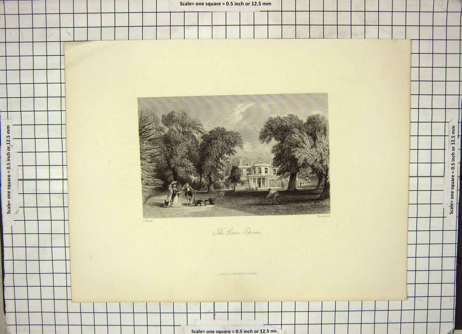 Original Old Antique Print Engraving Aldard Allom Grove Epsom Architecture