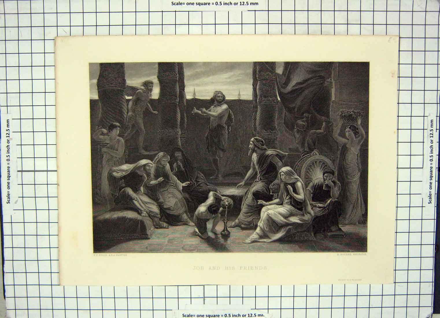 Original Old Antique Print Scene Job Friends Religion Bourne Poole Engraving