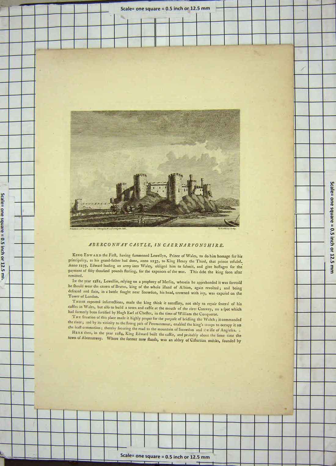 Old Antique Print 1772 Aberconway Castle Caernarvonshire Godfrey Hooper 18th