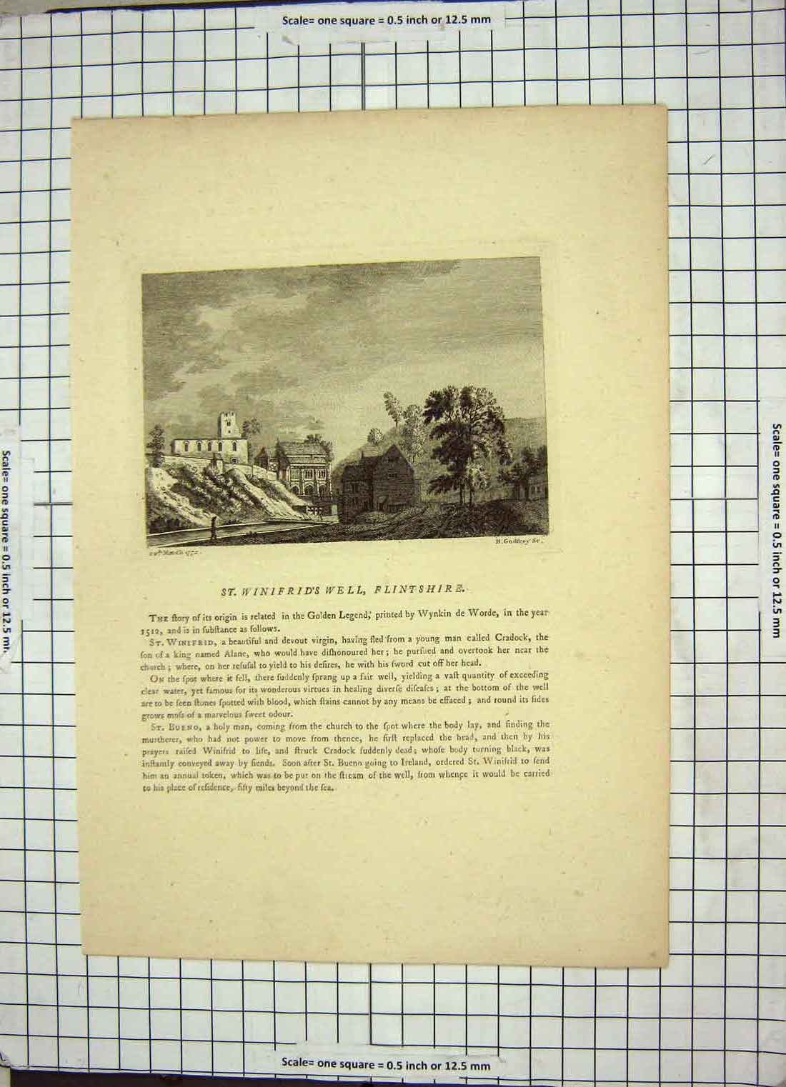 Original Old Antique Print 1772 Winifrid'S Well Flintshire Architecture Godfrey