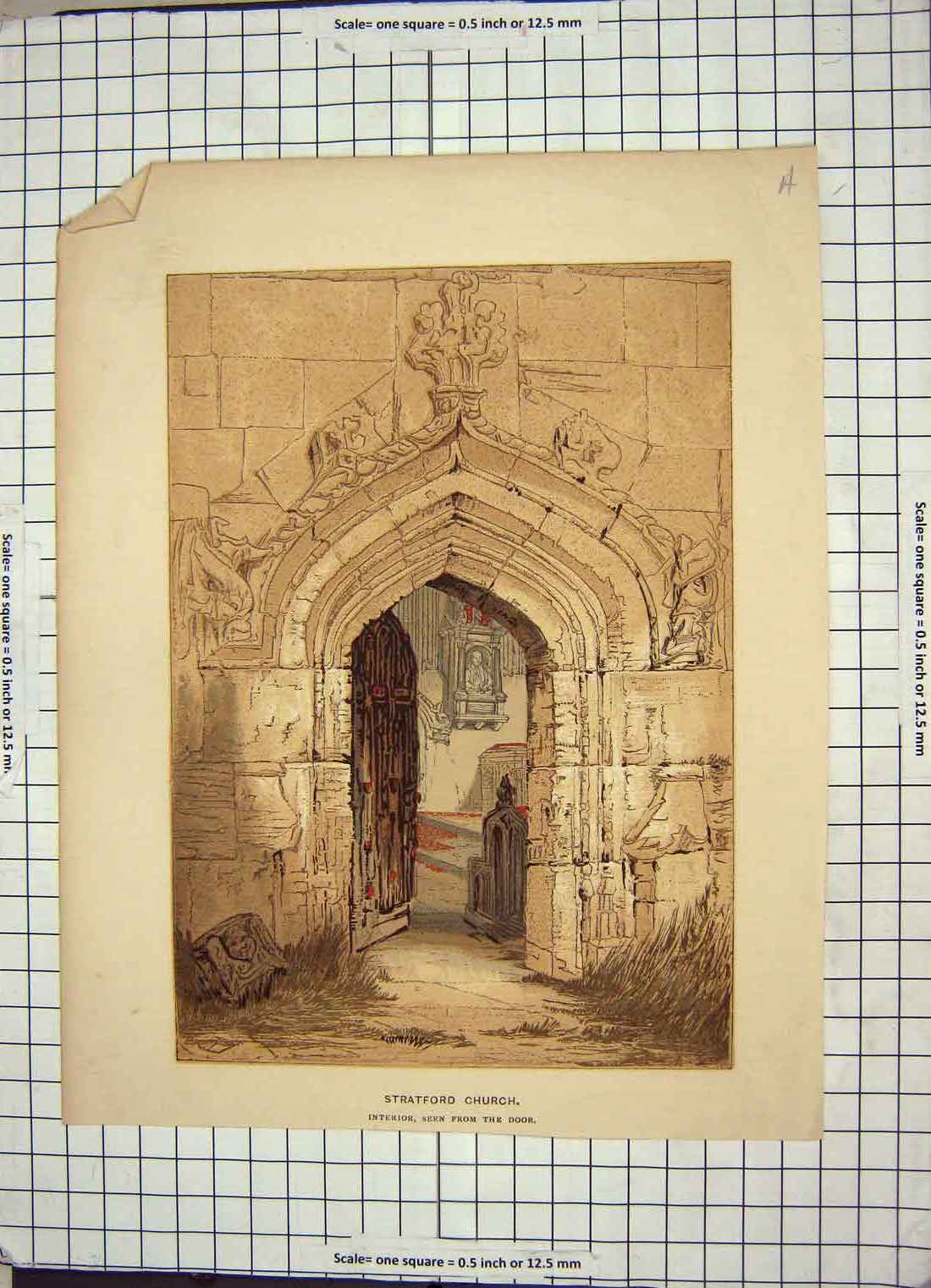 Original Old Antique Print Interior Door Stratford Church England Architecture