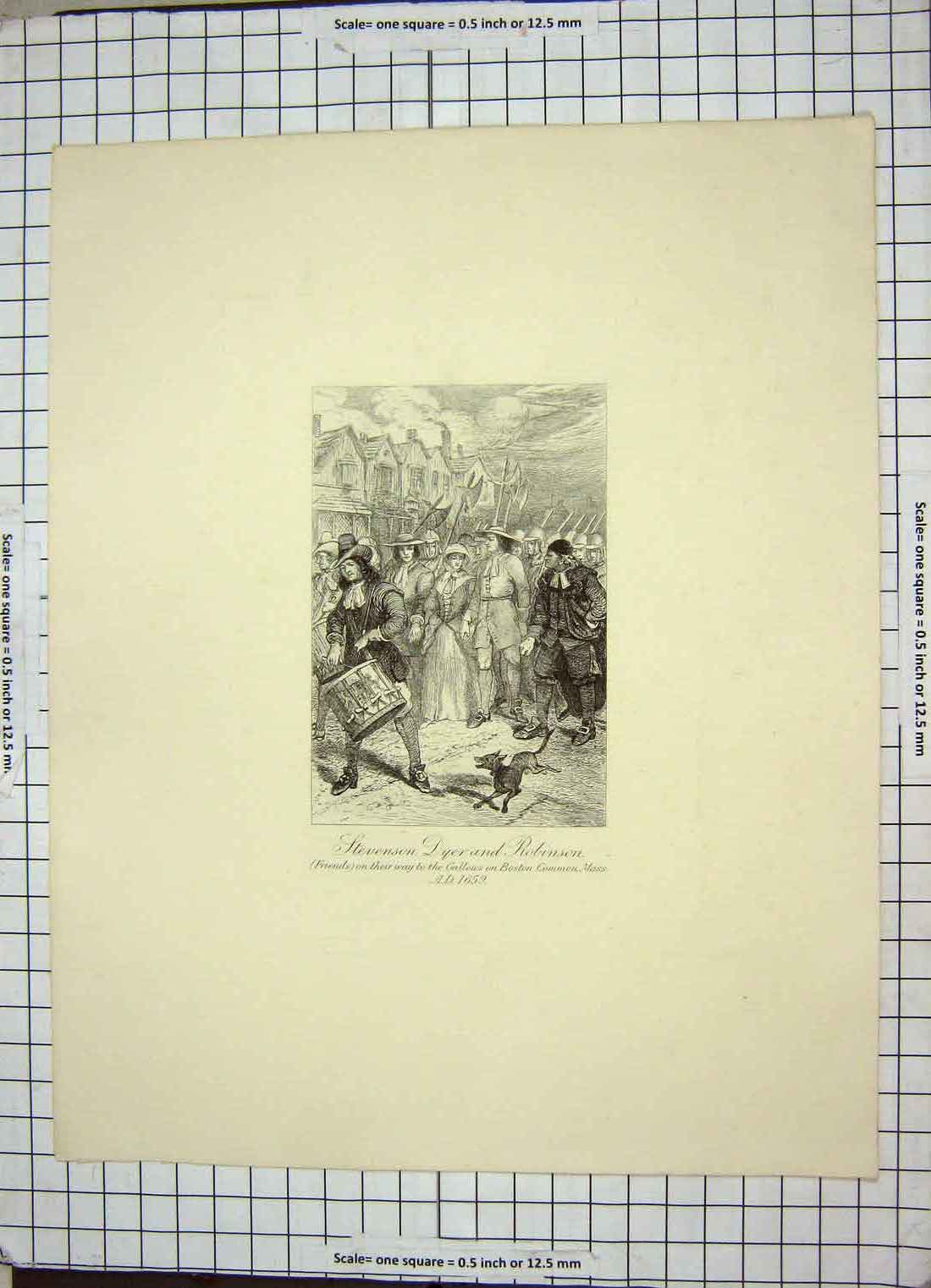 Original Old Antique Print Street Scene Stevenson Dyer Robinson Gallows Boston