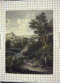 Original Old Antique Print Colour Scenery Mountains Lake Cattle Man Trees