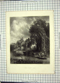 Original Old Antique Print View Valley Farm River Boat Cattle House Engraving