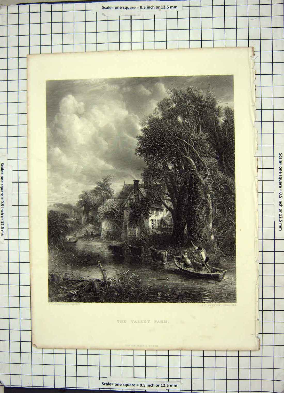 Original Old Antique Print View Valley Farm River Boat Cattle House Engraving