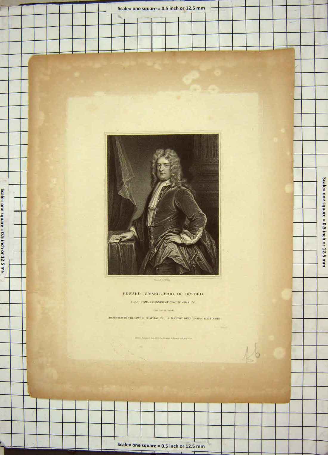 Original Old Antique Print Portrait Edward Russell Earl Orford Admiralty Holl