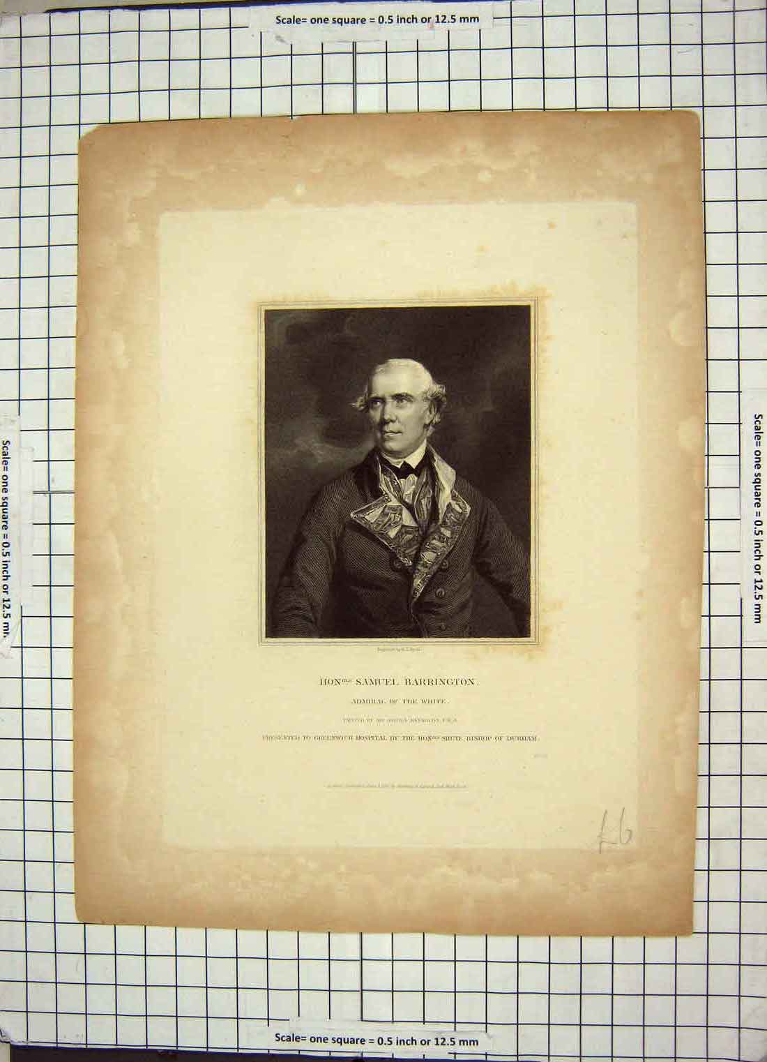 Original Old Antique Print Portrait Samuel Barrington Admiral White Ryall